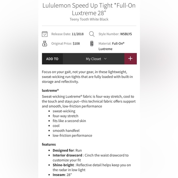 lululemon | size 6 Speed Up Tight *Full-On Luxtreme 28" Teeny Tooth White Black - Picture 5 of 9